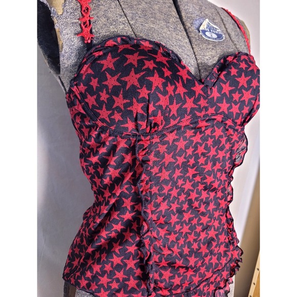 Vintage 90s Y2K Deadstock Black Red Star Bustier Top Panties Set Mesh Alt Goth L - Picture 2 of 11